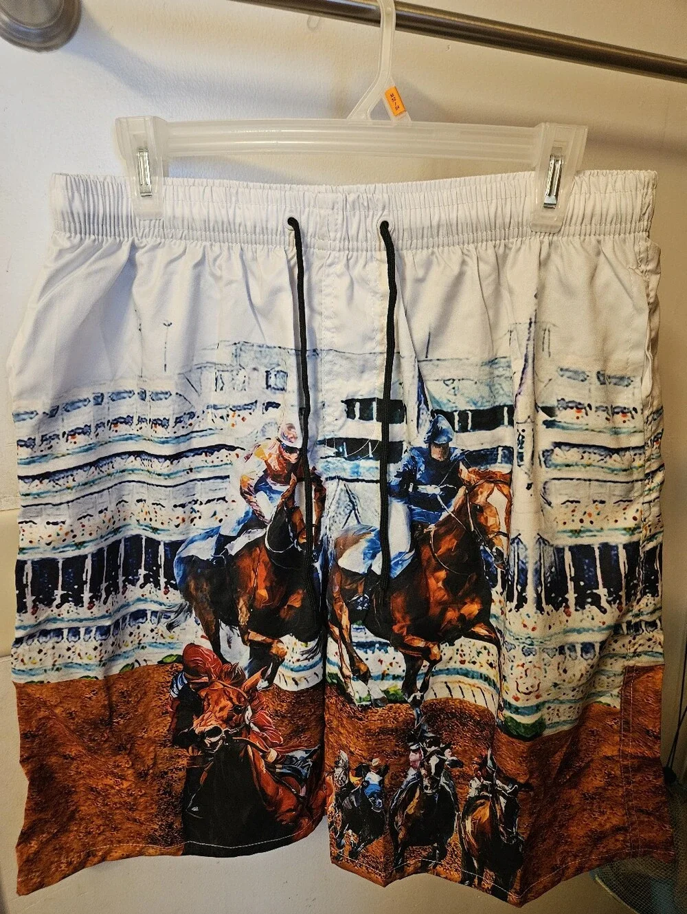 New XL Men's White Graphic Horse Racing Swim Trunks